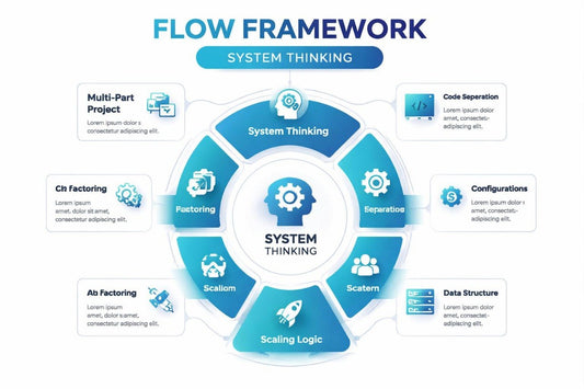 Flow framework diagram with 'System Thinking' at the center on a white background