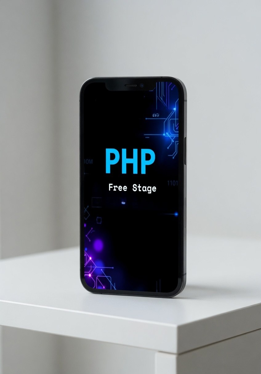 Smartphone displaying 'PHP Free Stage' on a white surface with a light gray background