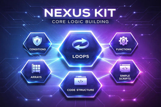 Nexus Kit core logic building components on a dark background with glowing effects.