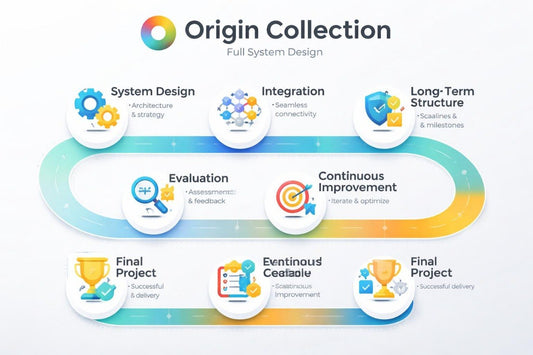 Origin Collection Full System Design flowchart with icons and text on a white background