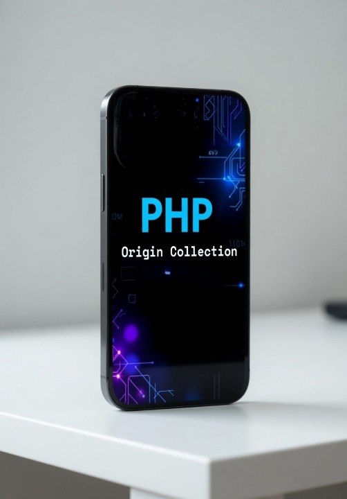 Phone with 'PHP Origin Collection' text on a white surface