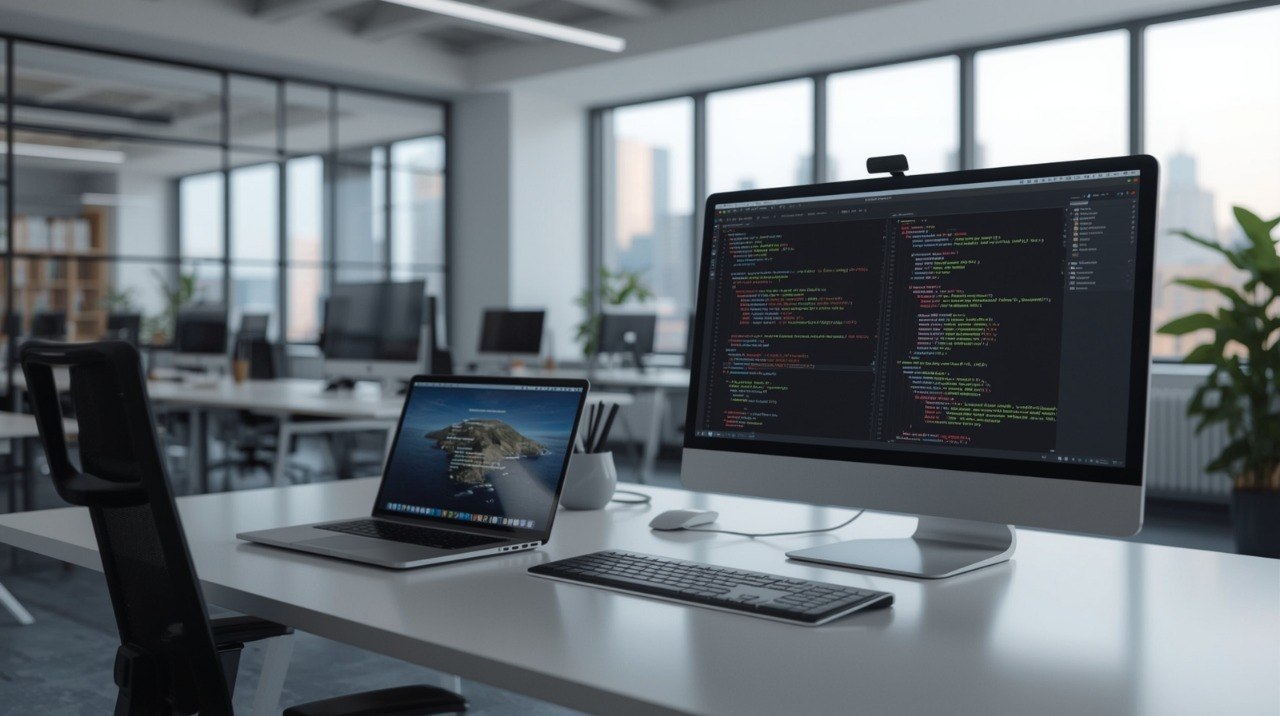 Two computer monitors on a desk in an office setting with blurred background
