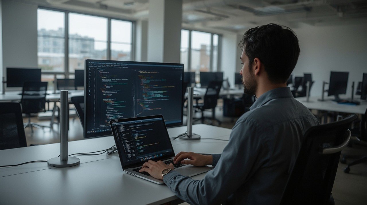 Person working at a desk with multiple computer monitors in an office setting