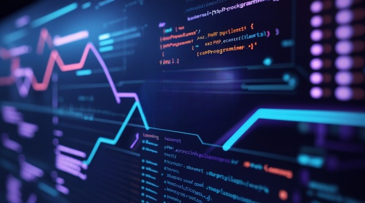Computer screen with code and graphing software on a dark background