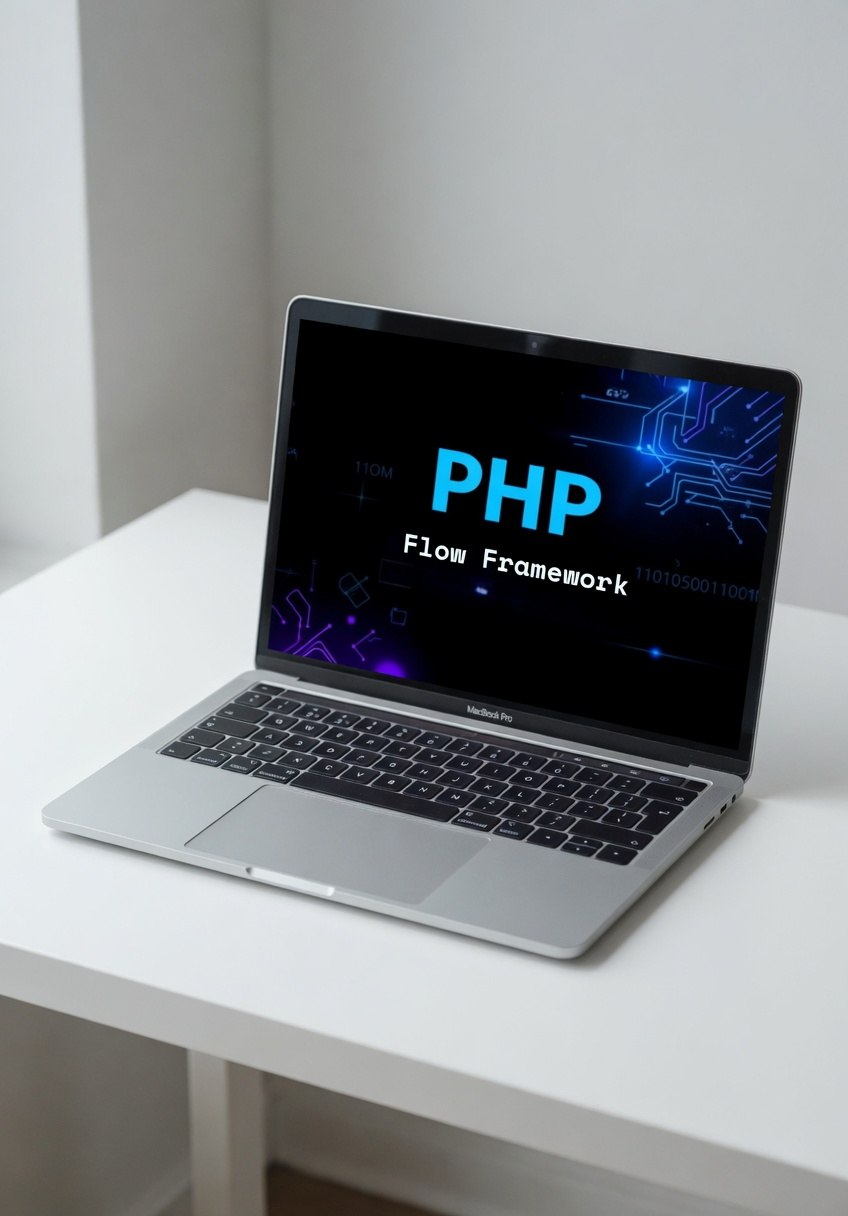 Laptop on a white surface with 'PHP Flow Framework' displayed on the screen