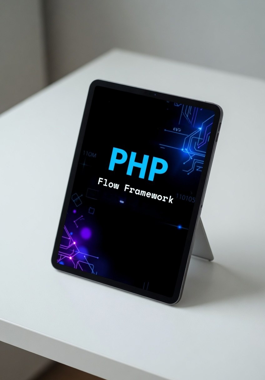 Tablet displaying PHP course 'Flow Framework'