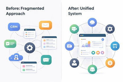 Comparison of fragmented approach vs unified system with icons and text labels.