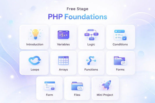 PHP Foundations course modules on a light blue background