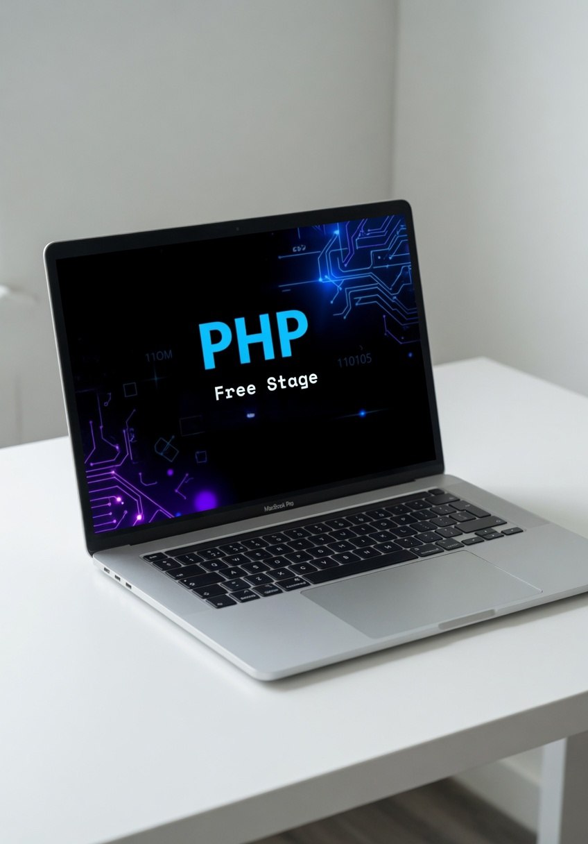 Laptop on a white desk with 'PHP Free Stage' displayed on the screen