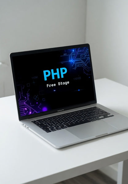 Laptop on a white desk with 'PHP Free Stage' displayed on the screen