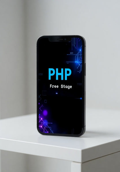 Smartphone displaying 'PHP Free Stage' on a white surface with a light gray background