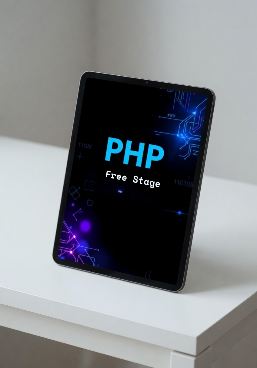 Tablet displaying 'PHP Free Stage' on a white surface