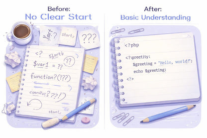 Comparison of a notebook with handwritten code and notes labeled 'Before: No Clear Start' on the left, and a more organized version labeled 'After: Basic Understanding' on the right.