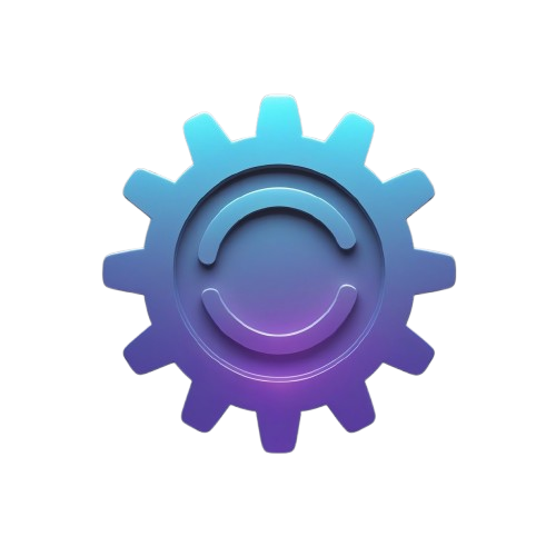 Gradient blue and purple gear icon on a white background