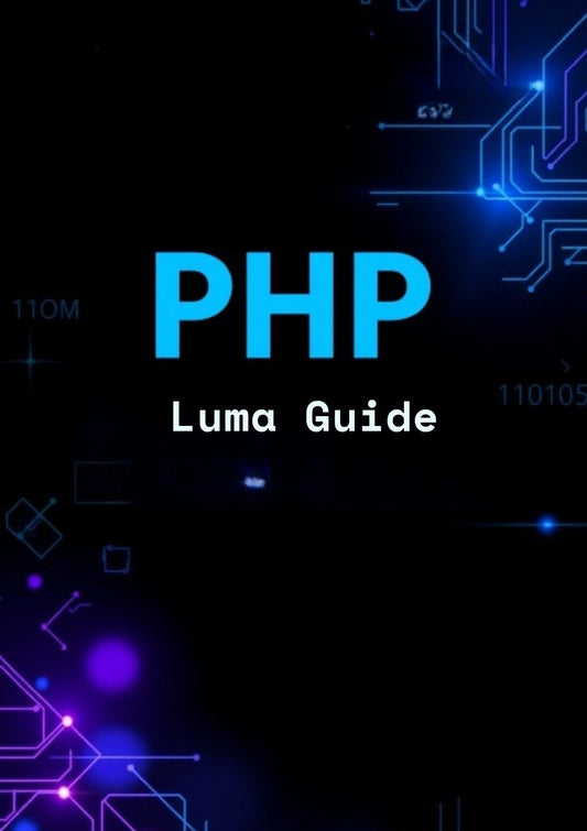 PHP Luma Guide with blue and purple circuit board design on a black background