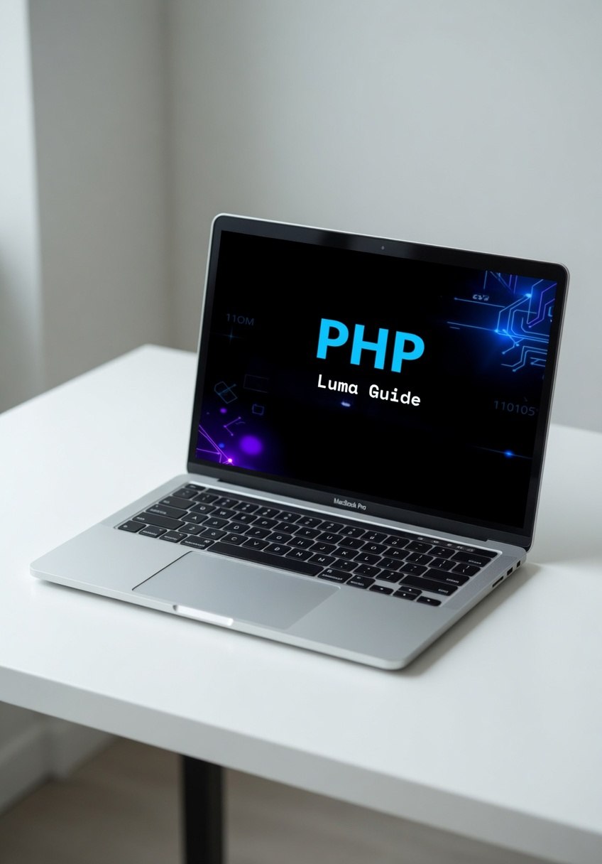 Laptop on a white surface with 'PHP' displayed on the screen