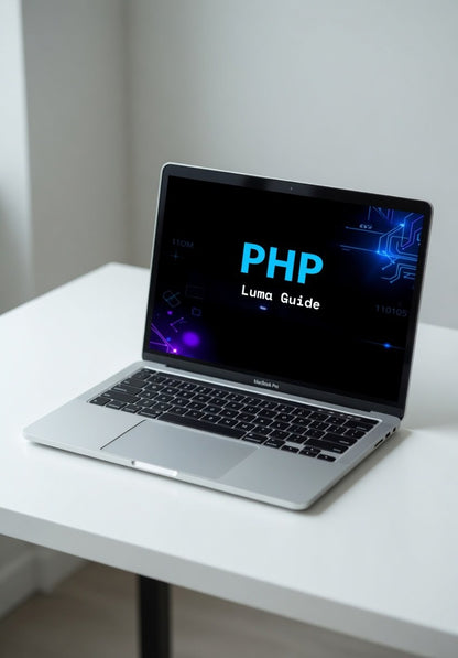 Laptop on a white surface with 'PHP' displayed on the screen
