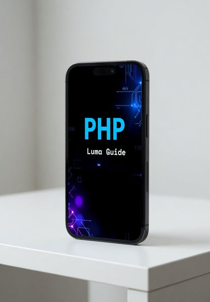 Phone displaying 'PHP Luma Guide' on a white surface