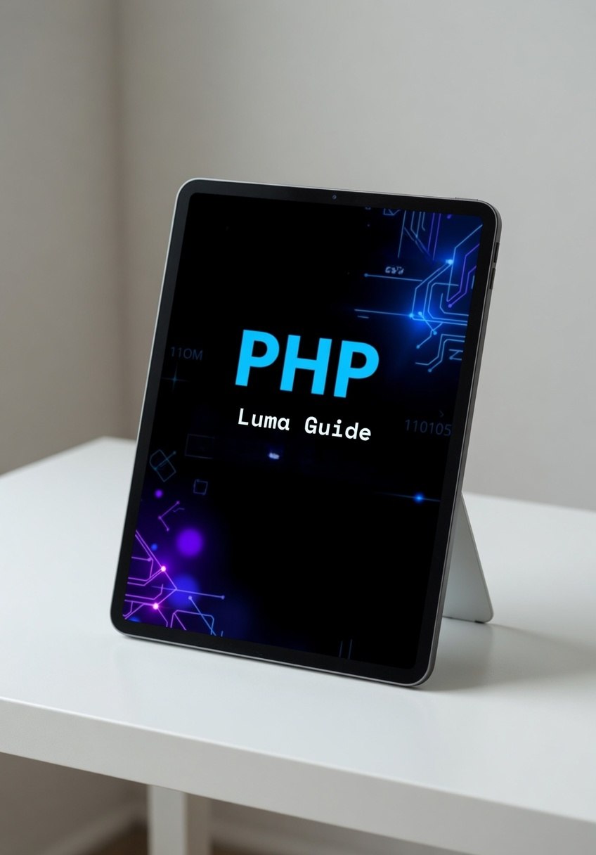 Tablet displaying 'PHP Luma Guide' on a white surface with a blurred background