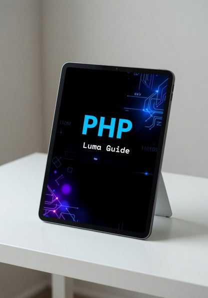 Tablet displaying 'PHP Luma Guide' on a white surface with a blurred background
