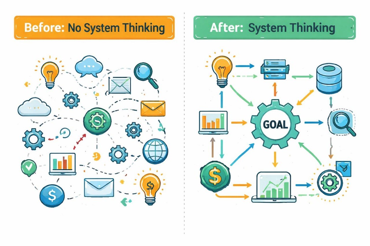 Comparison of 'Before' and 'After' system thinking with icons and arrows.