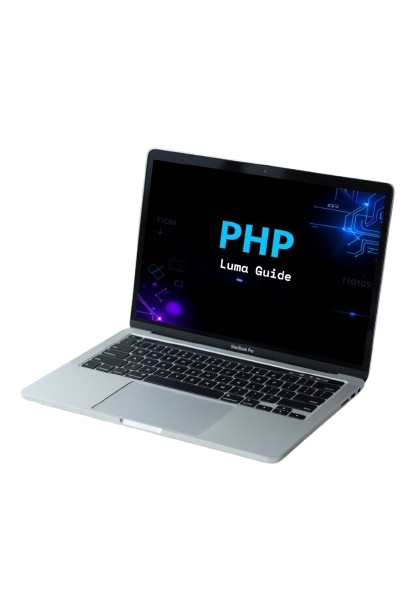 Laptop displaying 'PHP Luma Guide' on a white background