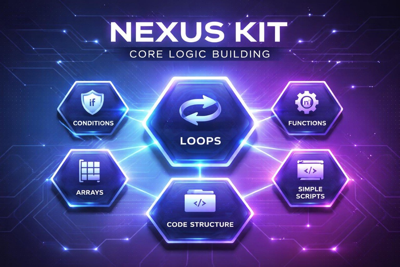Nexus Kit core logic building components on a dark background with glowing effects.