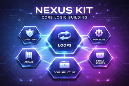 Nexus Kit core logic building components on a dark background with glowing effects.