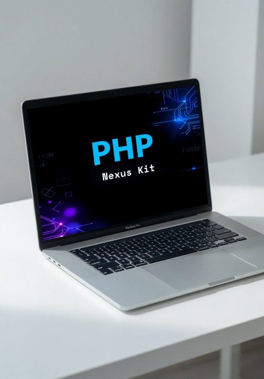 Laptop on a white surface with 'PHP Nexus Kit' displayed on the screen