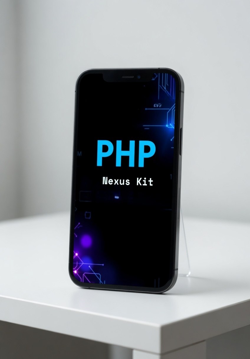 Phone displaying 'PHP Nexus Kit' on a white surface with a light gray background