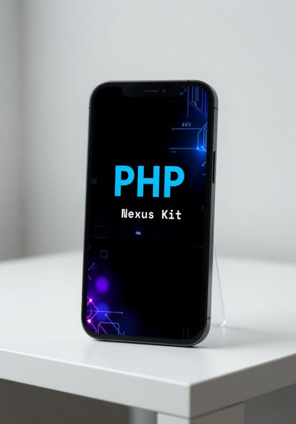 Phone displaying 'PHP Nexus Kit' on a white surface with a light gray background
