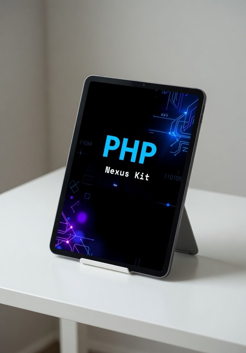 Tablet displaying 'PHP Nexus Kit' on a white surface with a light gray background