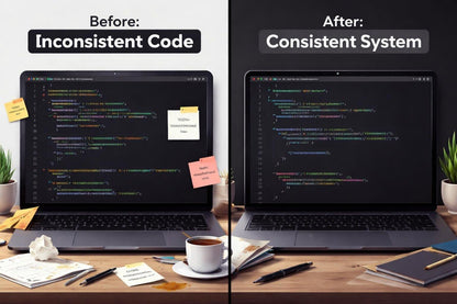 Comparison of inconsistent code on a laptop screen before and consistent system after.