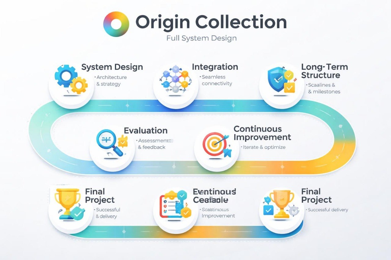 Origin Collection Full System Design flowchart with icons and text on a white background