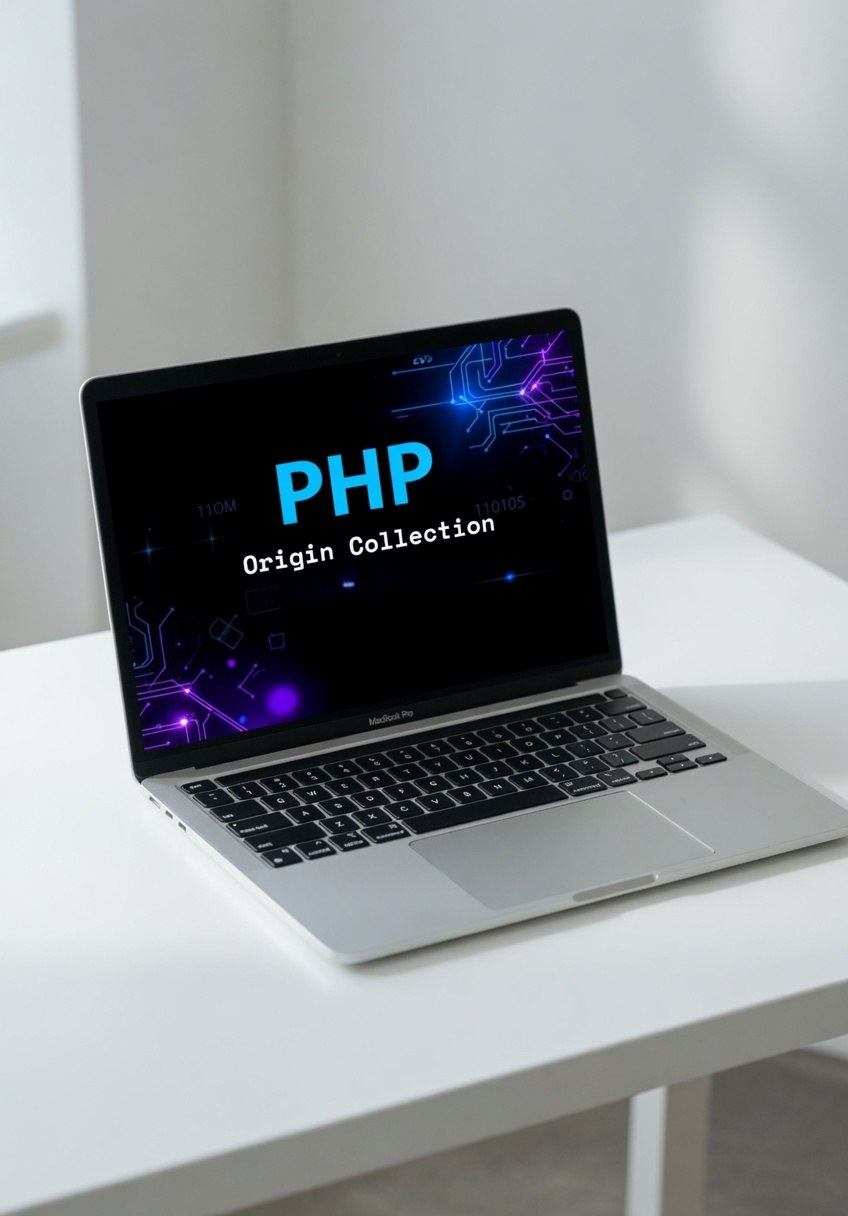 Laptop on a white desk with 'PHP Origin Collection' displayed on the screen
