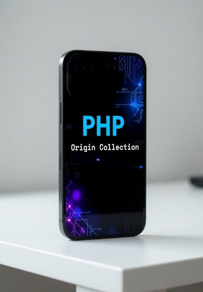 Phone with 'PHP Origin Collection' text on a white surface