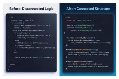 Comparison of disconnected and connected PHP code structures on a white background