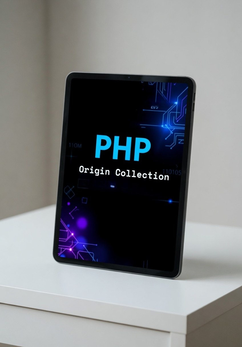 Tablet displaying 'PHP Origin Collection' on a white surface with a light gray background