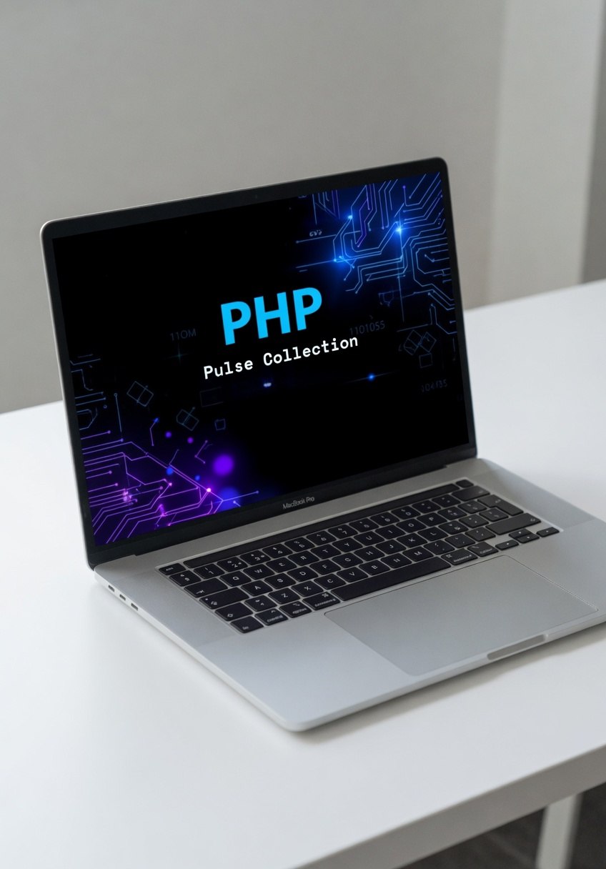 Laptop on a white surface with 'PHP Pulse Collection' displayed on the screen