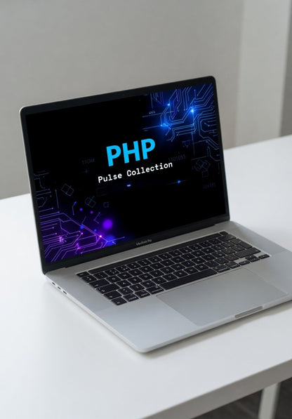 Laptop on a white surface with 'PHP Pulse Collection' displayed on the screen