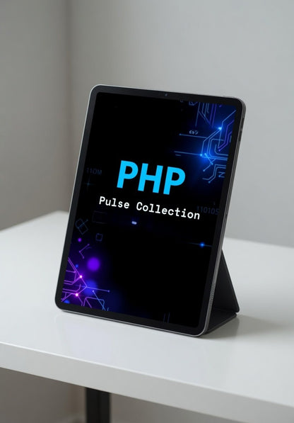 Tablet displaying 'PHP Pulse Collection' on a white surface with a gray background