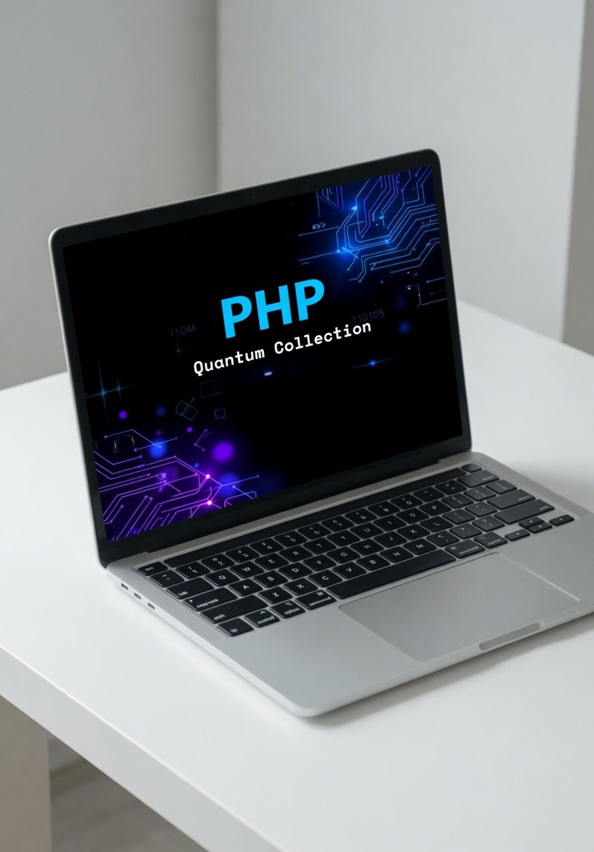 Laptop on a white surface with 'PHP Quantum Collection' displayed on the screen.