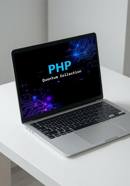 Laptop on a white surface with 'PHP Quantum Collection' displayed on the screen.