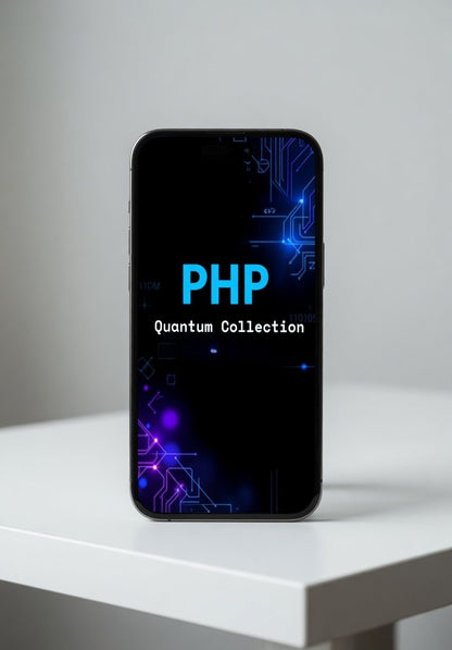 Phone with 'PHP Quantum Collection' on a white surface