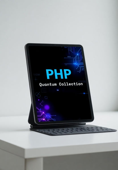 Tablet with 'PHP Quantum Collection' on a stand on a white surface