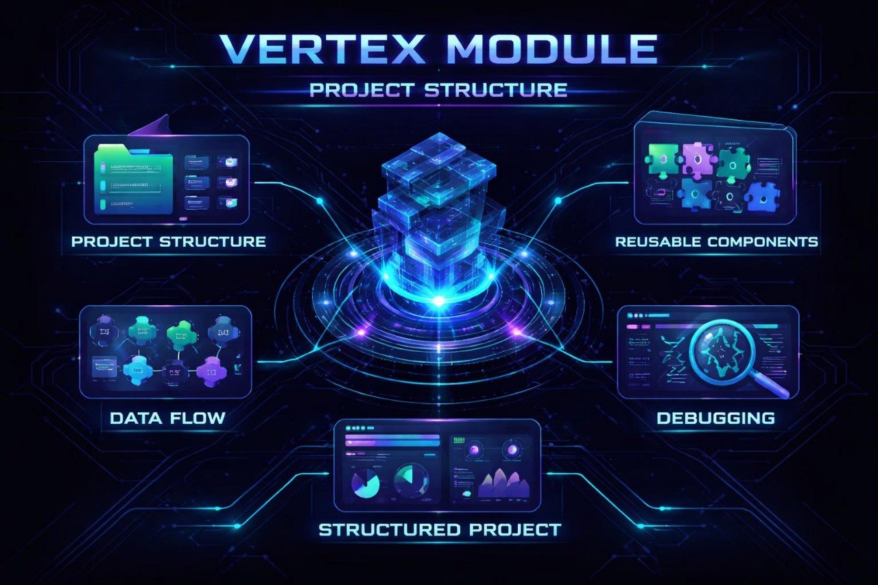 Diagram of a 'Vertex Module' project structure with various components on a dark background.