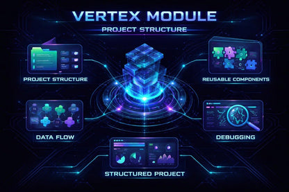 Diagram of a 'Vertex Module' project structure with various components on a dark background.