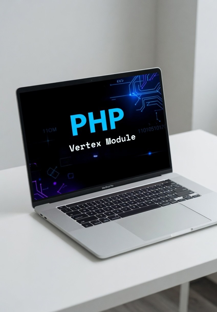 Laptop on a white surface with 'PHP Vertex Module' displayed on the screen