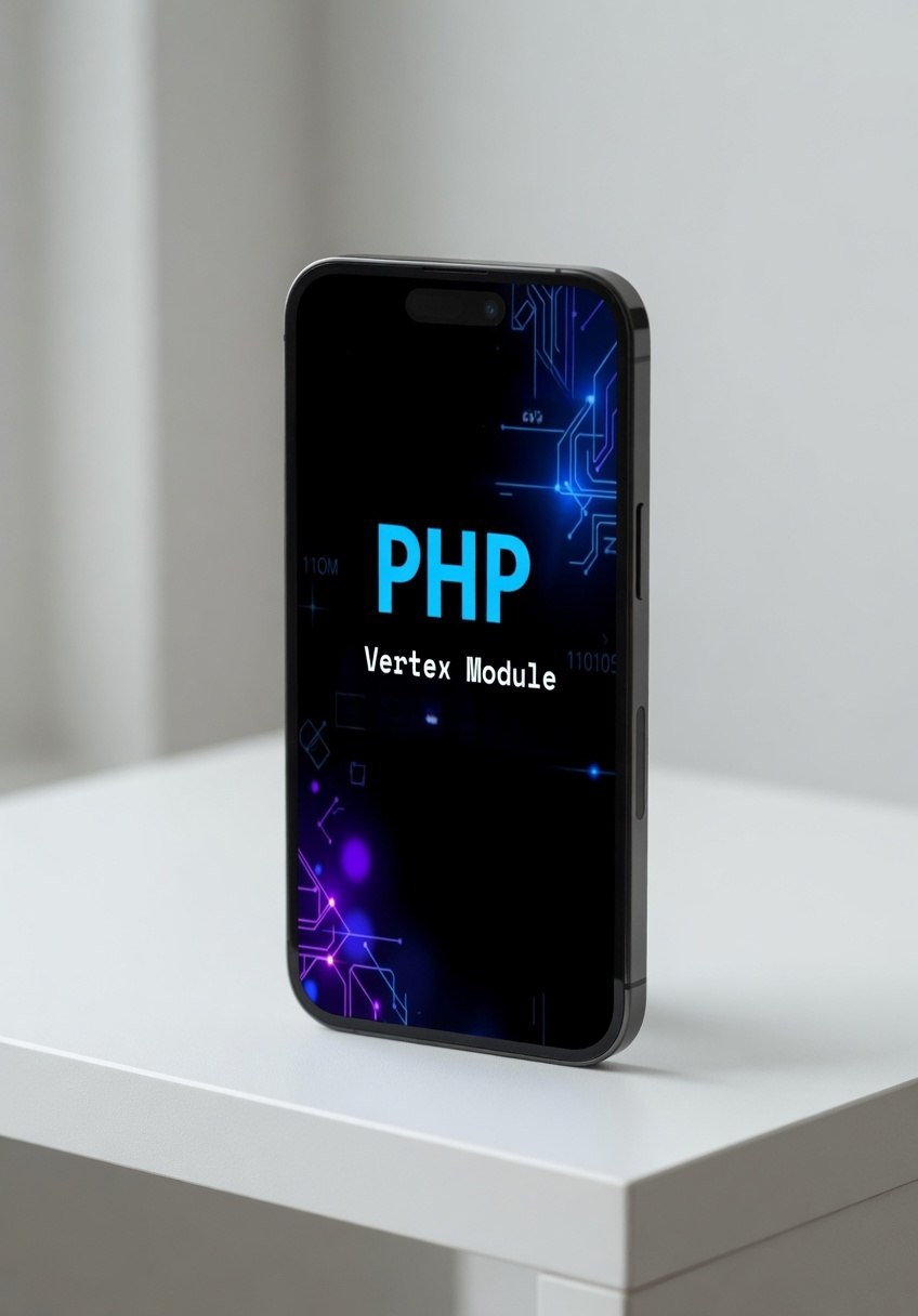Smartphone displaying 'PHP Vertex Module' on a white surface with a light gray background