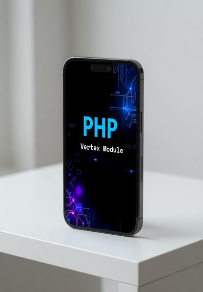 Smartphone displaying 'PHP Vertex Module' on a white surface with a light gray background